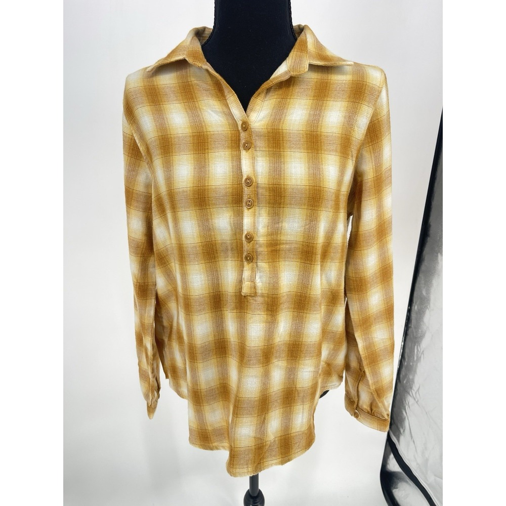 Aventura‎ Shirt Womens Small Yellow Plaid Work Cabin Pumpkin Fall Autumn Bin12